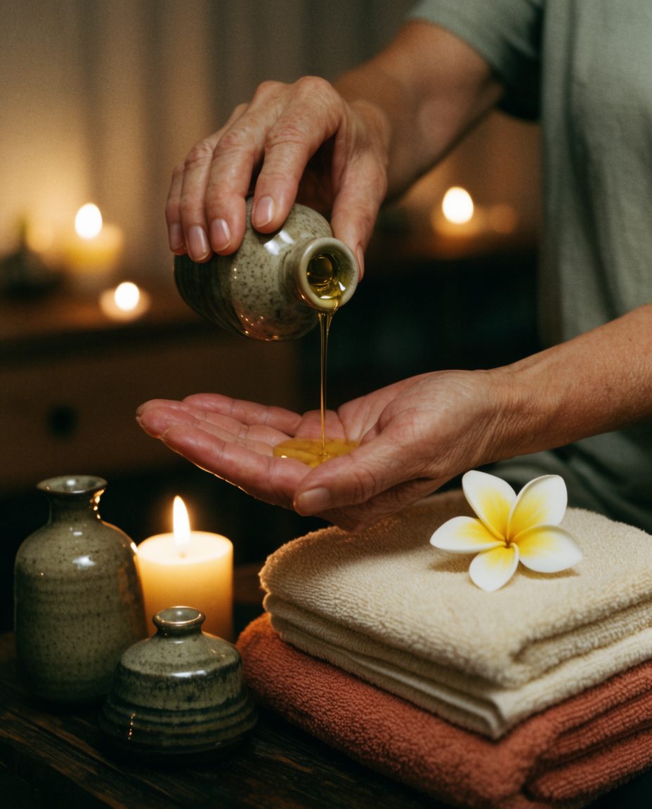 Hände einer Therapeutin gießen Massageöl in die Handfläche, daneben Handtücher und eine Frangipani-Blüte