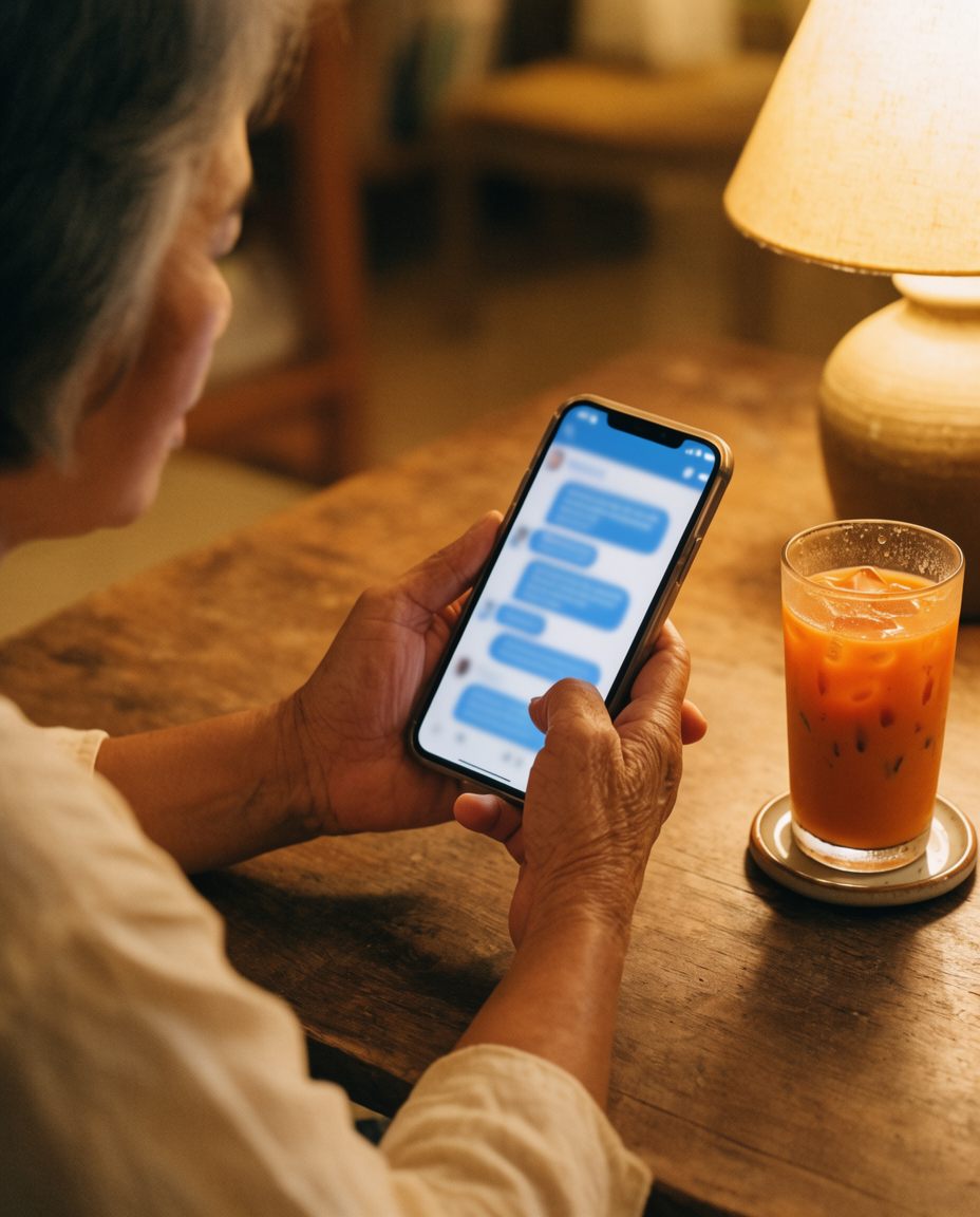 Inhaberin liest entspannt eine Thai-Benachrichtigung auf ihrem Handy