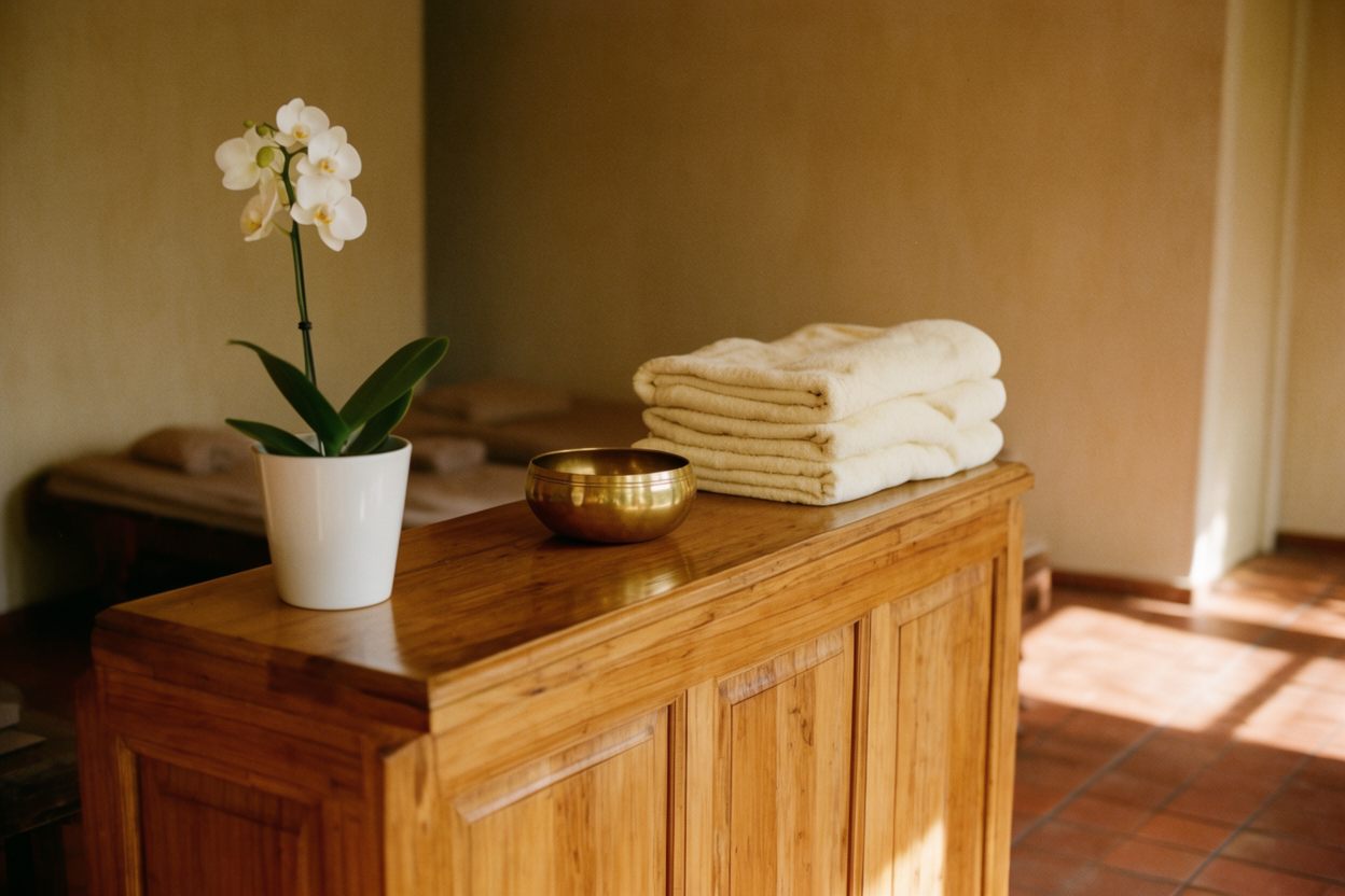 Ruhiger Empfangsbereich eines Thai-Massagesalons mit Orchidee und warmem Licht